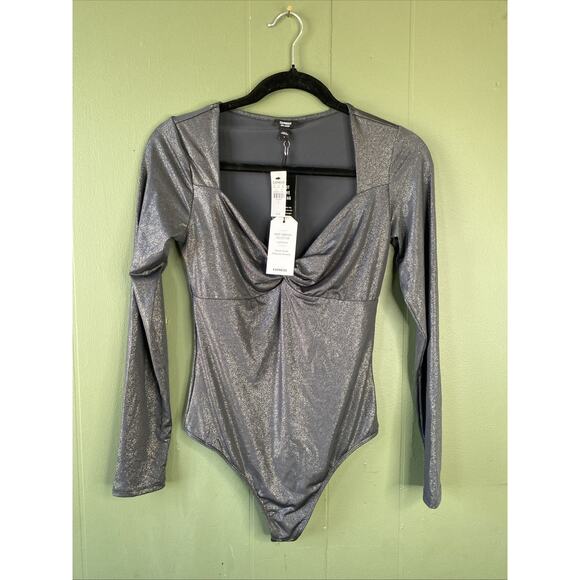 Express Bodysuit Womens Small NEW Body Contour Gray Long Sleeve Metallic Blouse - Picture 2 of 13